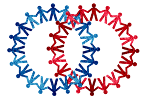 United People as two groups connected as a bipartisan concept of diversity and crowd cooperation as a red and blue group representing politics as conservative and liberal as left and right wing politics with voters joining together. Student debt poll.